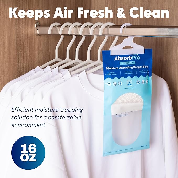 Moisture Absorbing Hanger Bag Fragrance Free - 3-Pack - 16 oz Hanging Dehumidifying Packs for Home, Kitchen, Bedroom, Bathroom, Closet, Small Rooms, Cars