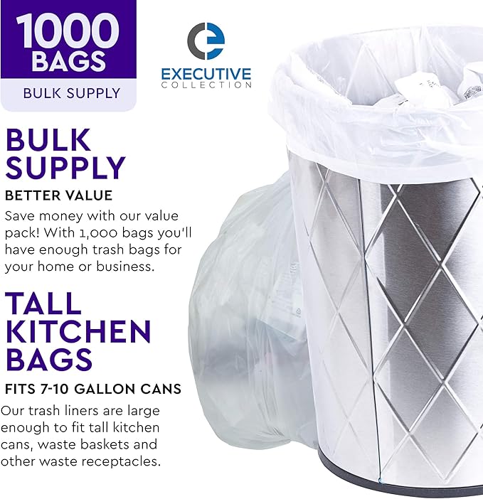 Clear 7-10 Gallon Trash Bags, 1,000 Bulk Pack - Medium Size Garbage Bin Liners for Office, Bedroom and Kitchen Wastebasket Cans - by Executive Collection