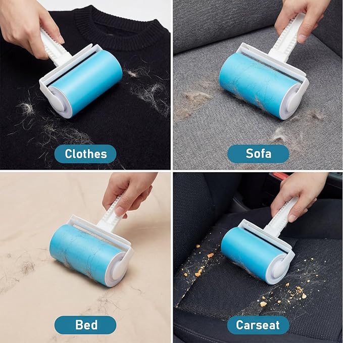 Reusable Sticky Lint Roller 4 Pack with Cover, Washable Portable Pet Hair Remover for Clothes, Travel, 2 Large and 2 Mini Size for Furniture, Car, Purse