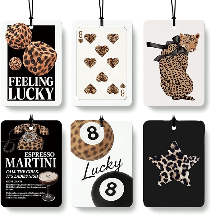 Trendy Leopard Print Lucky 8 Ball Car Air Freshener 6 Pcs, Retro Coquette Bow Cheetah Poker Hanging Air Freshener for Bar Cars Closet Drawer Books, Girly Car Accessories Mirror Decor for Women