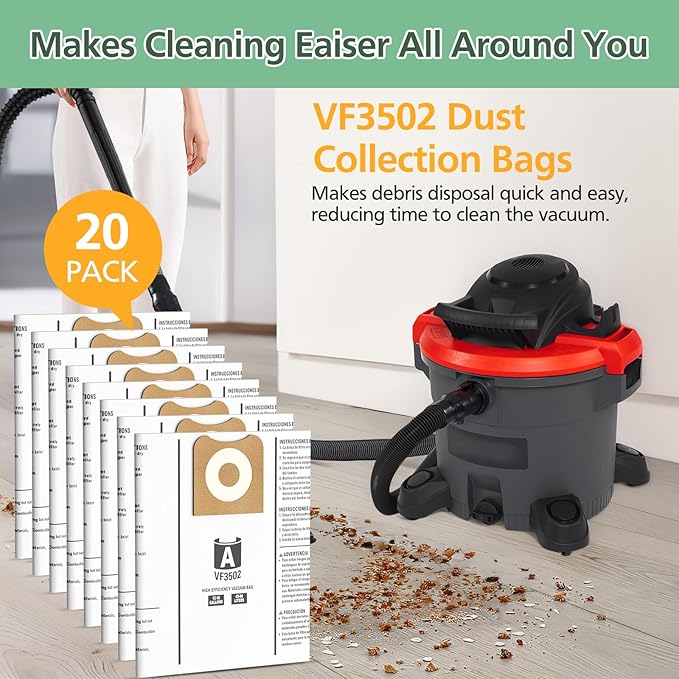 20 Pack 23743 VF3502 Vacuum Bags Compatible with Ridgid 12 to 16 Gallon Wet Dry Vacuums, High Efficiency Replacement Filter Bags for Model WD1950 WD1956 WD1850 WD1851 RV2400HF WD1450 WD1680 WD1270