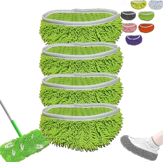Chenille Mop Refill Pads, Chenille Mop Pads, Household Replacement Mops Pad, Reusable Mops Pad Compatible, for Hardwood Tile Laminate Floors Cleaning & Pet Hair (Green,4)