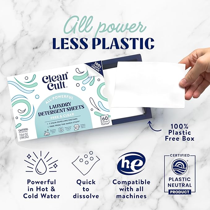 Cleancult Laundry Detergent Sheets - Resealable Box - 3 Stain Fighting Enzymes - Fragrance Free - 60 Loads - Free of Harsh Chemicals - No Mess - No Plastic Waste (Pack of 2)