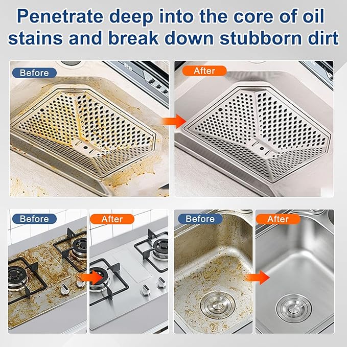 Heavy-Duty Kitchen Degreaser Spray, Multi-Purpose Foam Cleaner for Stovetops, Pans, Countertops & Appliances, Powerful on Grease and Oil Stains, No-Rinse Formula, 350ml/12oz, Lemon Scent（2 Pack）
