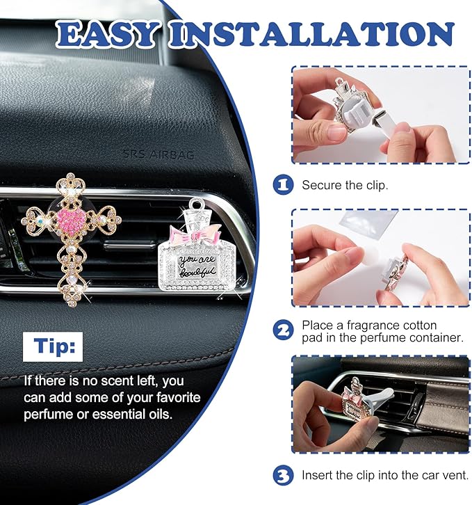 4PCS Bling Air Vent Clips, Crystal Diamond Heart Cross High Heel Shoe Perfume Bottle Diffuser Vent Clip Cute Rhinestone Car Accessories Decoration for Women (Pink)