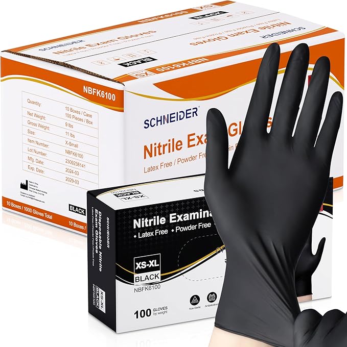 Schneider Nitrile Exam Gloves, Black Latex Free Powder Free Disposable Gloves for Medical, Cooking, Cleaning, and Food Prep