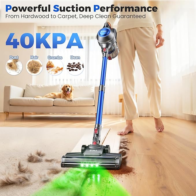 Cordless Vacuum Cleaner, Stick Vacuum Cleaners for Home with 40Kpa Powerful Suction, 45 Mins Runtime, 1.6L Dust Box, Anti-Tangle, 8-in-1 Rechargeable Vacuum for Hardwood Floor, Carpet, Pet Hair