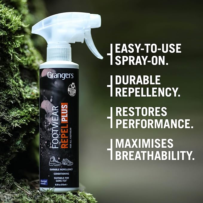 Grangers Footwear Repel Plus | 275ml | Powerful spray-on proofer for all Outdoor Footwear | Bluesign approved |PFC-free | 100% recycled | Hiking | Walking