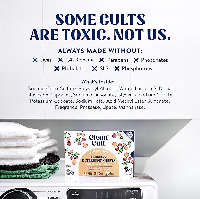 Cleancult Laundry Detergent Sheets - Resealable Box - 3 Stain Fighting Enzymes - Juniper Sandalwood - 60 Loads - Free of Harsh Chemicals - No Mess - No Plastic Waste (Pack of 2)