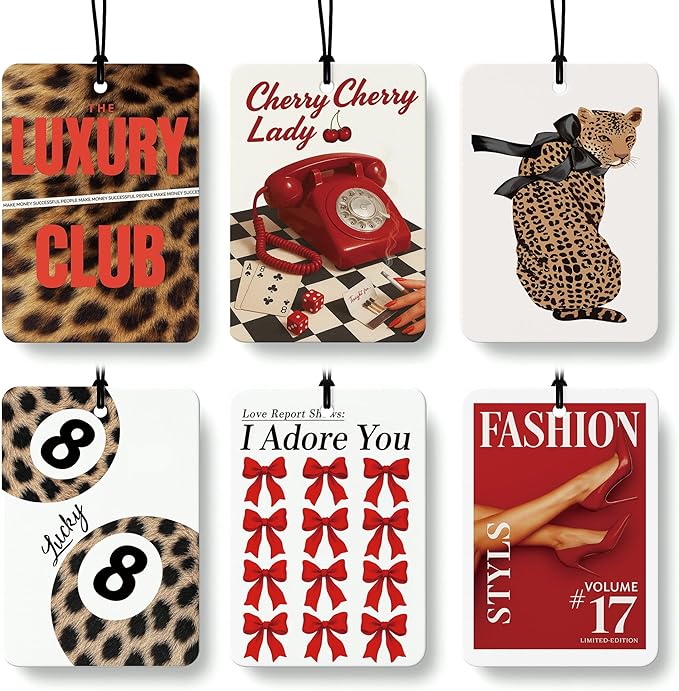 Trendy Retro Leopard Print Car Air Freshener 6 Pcs, Fashion Coquette Bow Cheetah Lucky 8 Ball Hanging Air Freshener for Cars Closet Drawer Books, Girly Car Accessories Mirror Decor for Women