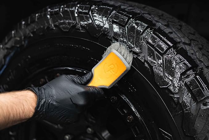 Detail Factory - ProGrip Tire Brush - Ergonomic ProGrip Handle, Stiff Synthetic Bristles, Ergonomic Design, Efficient Tire Brushes for Cleaning Tires - Solar Flare