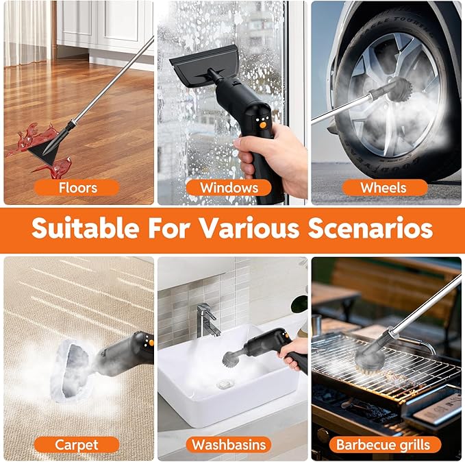 Steam Cleaner for Home & Car, 15s Fast Heat Handheld Steamer for Cleaning, 1.6L Large Tank, 3-Level Steam Control with 16-Piece Accessories Kit for Floors, Couches, Tiles, Grout, Dirt, and Grease