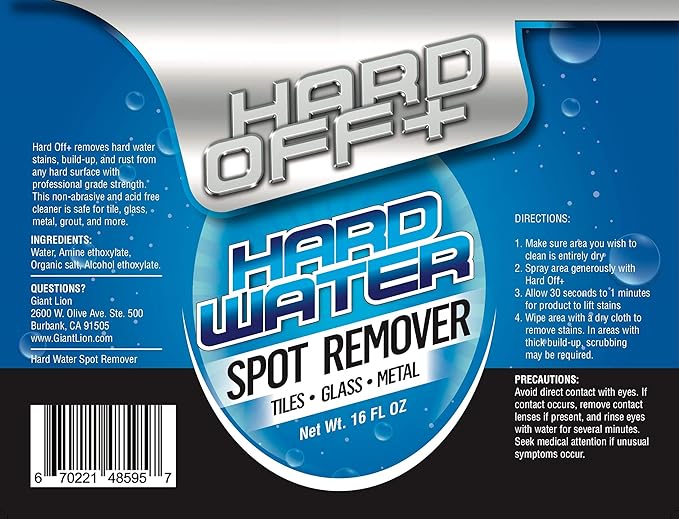 Giant Lion Hard Off+ Hard Water Stain and Spot Remover For Bathroom, Shower Doors, Glass, Tile and Metal 16oz