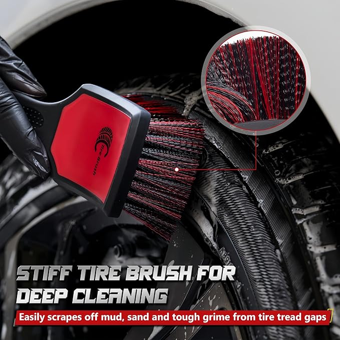 Wheel & Tire Brush Set, 2 Pack Car Wheel Brush & Tire Cleaner Brushes, Soft Bristle Rim Brush and Stiff Tire Scrub Brush, Scratch-Free Wheel Cleaning Kit for Car Detailing, Trucks, SUVs