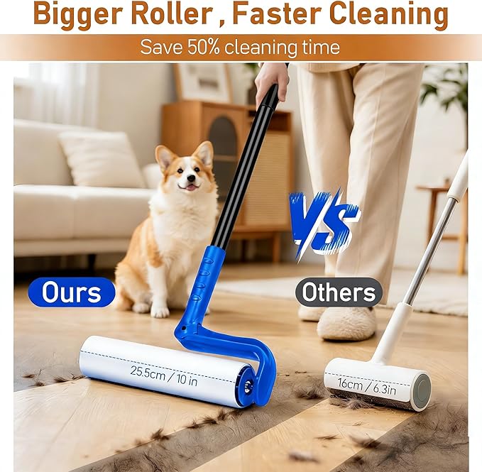 10" Large Lint Roller for Pet Hair Extra Sticky, Floor Lint Rollers Long Handle with Big Lint Rollers Refills for Couch Carpets Furniture Wall Clothing Floor Cleaning, Blue
