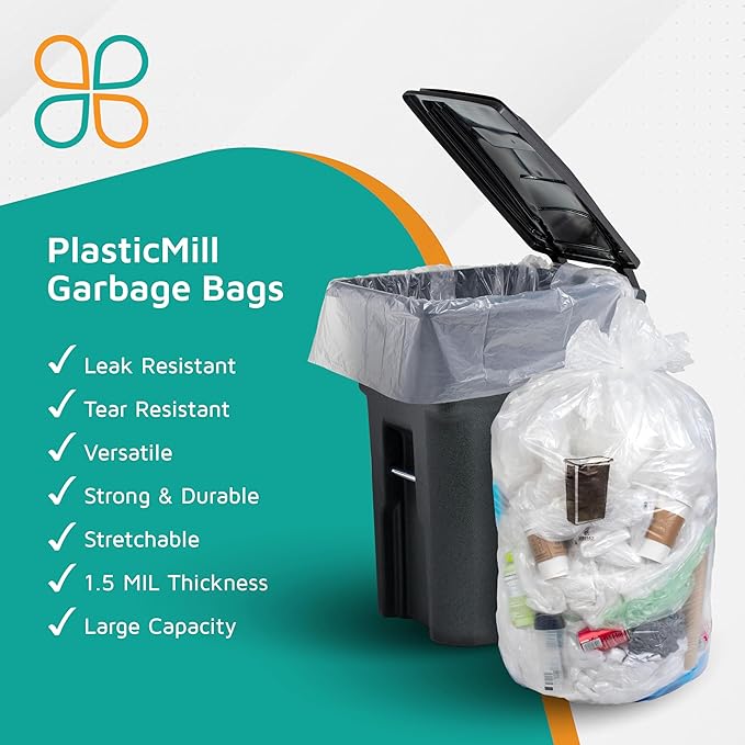 PlasticMill Heavy Duty Trash Bags - Clear Garbage Bags - Plastic Trash Bags for Large Rolling Trash Bins - Tall Trash Bags - 100-Gallon Large Kitchen Trash Bags, 1.3 Mil, 67"x79" (10-Count)