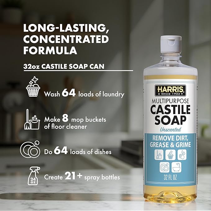 HARRIS Multi-Purpose Liquid Castile Soap for Home Cleaning, Use as Dish Soap, Laundry Detergent, Kitchen & Bathroom Surface Cleaner, Kids Room, 2 Pack of 32 Fl Oz with Microfiber Cloth (Unscented)
