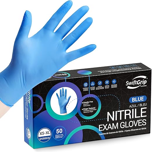 Disposable Nitrile Exam Gloves, Blue, Nitrile Gloves Disposable Latex Free, Medical Gloves, Cleaning Gloves, Food-Safe Rubber Gloves, Powder Free, Non-Sterile, 50-ct Box (Large)