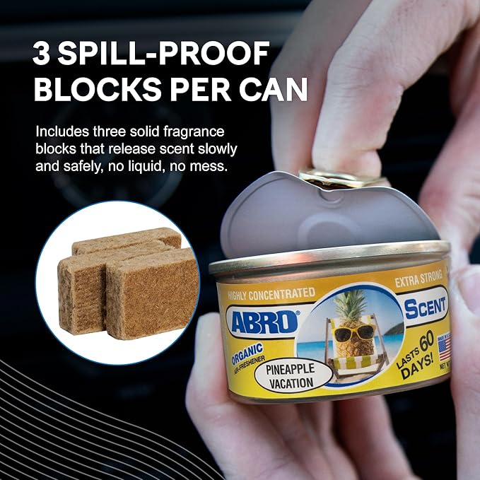 ABRO Car Air Fresheners: Canned, Spill Proof Airfreshener for Home, Office, or Car Accessories Interior, Lasts Up to 60 Days - 3Pck Pineapple Vacation