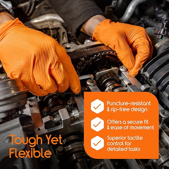 Inspire Heavy Duty Orange Nitrile Gloves | ULTRA 8 Mil Diamond Textured Grip | Industrial Mechanic Disposable Cleaning Gloves
