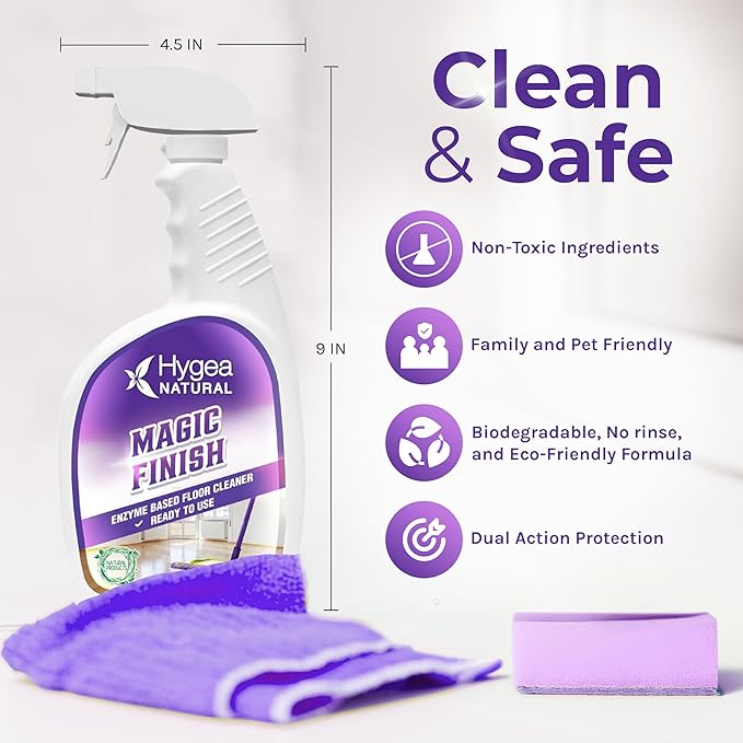 Hygea Natural Magic Finish Enzyme-Based Chemical-Free Floor Cleaner - No Rinse, Biodegradable Formula - Removes Grease Buildup in Tile & Grout - for All Hard Floors (Ready to Use, 24 oz)