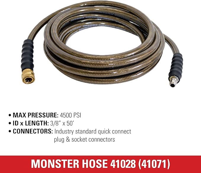 Simpson Cleaning 41028 Monster Series 4500 PSI Pressure Washer Hose, Cold Water Use, 3/8 Inch Inner Diameter, 50-Foot, Brown