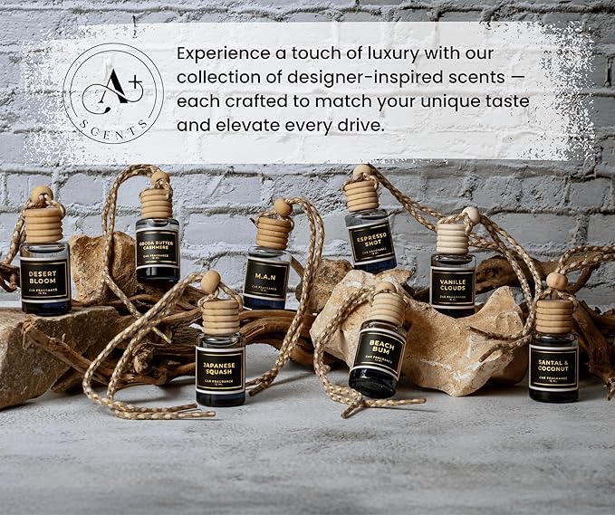 COCOA BUTTER CASHMERE - A warm, intriguing fragrance that combines sweet cocoa butter and coconut. - Lasts up to 60 days - Luxury Car Perfume A+ Scents Car Hanging Diffuser