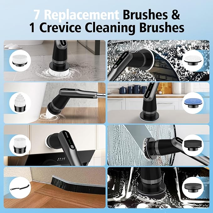 G2-Pro Electric Spin Scrubber - IPX7 Waterproof 12-in-1 Shower Cleaner Brush, Retractable Handle & 2-Speed for Bathroom, Bathtub, Kitchen, Tile Floors
