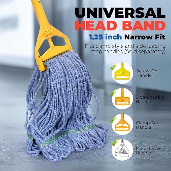 Onesimus 20 oz Mop Head Replacement, Industrial Mops for Floor Cleaning Heavy Duty 4-Ply Cotton Blend Looped End Wet Mop Refills 1.25 in Universal Headband Fit Most Handles, 6 Pack Large Blue