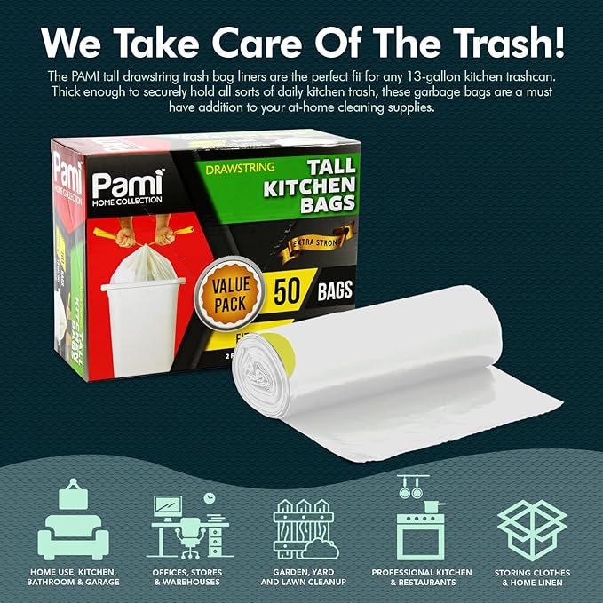 PAMI Extra-Strong 13 Gallon Unscented Tall Kitchen Garbage Bags with Drawstring, for Indoor & Outdoor Use (White - 50 Pack 1 Count (Pack of 1))
