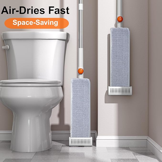 Self Wringing Microfiber Mop - Hands-Free Flat Mop with Wringing Blade | Aluminum Panel, Wet Dry for Apartment, Tiny Home, Windows, Wall, Hardwood, Laminate, Tile, Vinyl, 4 Reusable Pads