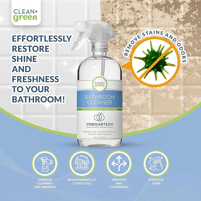 CLEAN+GREEN VinegarTech Bathroom Cleaner - Vinegar Spray All Purpose Cleaner Removes Dirt & Grime Shower, Tub, Tile Floor - Vinegar Cleaner Household Cleaning Supplies - Cleaning Vinegar 24 Fl Oz