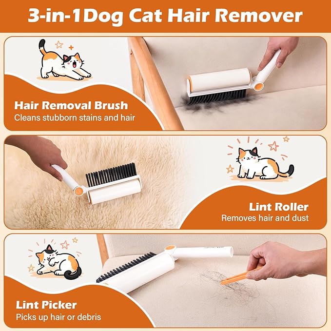 3-in-1 Pet Hair Remover Tool: Soft Dust Brush, Lint Roller for Clothes & Bench Brush with 180° Adjustable Handle, Pet Hair Removal for Dog/Cat Hair on Clothes, Bed, Sofa (White, One Size)
