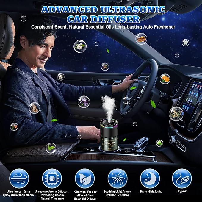 Smart Car Air Freshener, CarDiffuser with 6.09 Fl Oz /180ml Capacity Essential Oil Last 9 Months Fragrance, 5s Full-Car Fragrance, Adjustable Intensity, Auto On/Off, Women & Men for Cologne Scent