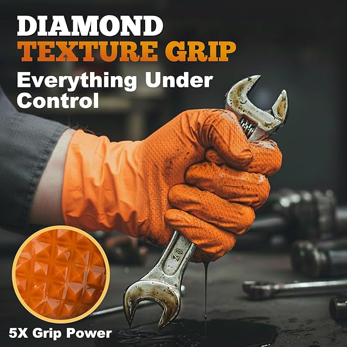 TitanFlex Heavy Duty Orange Industrial Nitrile Gloves with Raised Diamond Texture, Latex Free (6mil/8mil)