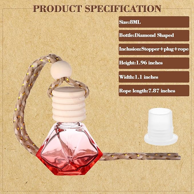 60 Pcs 8ml Hanging Car Air Freshener Diffuser Empty Clear Glass Essential Diffuser Oil Aromatherapy Fragrance Perfume Bottle with Wooden Cap for Car Home Office