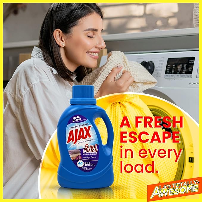 Ajax 5-in-1 Fusion Liquid Laundry Detergent – Totally Awesome Cleaner with Deep Clean Power, Odor & Stain Remover, Fabric Conditioner, HE Compatible, Midnight Freesia Scent, 60oz (Pack of 2), 80 Loads