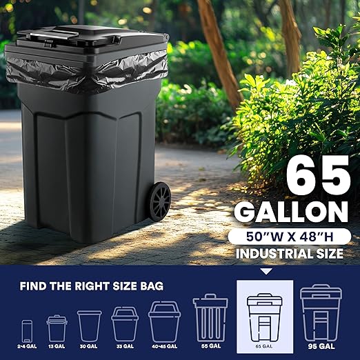 Plasticplace 65 Gallon Trash Bags │ 2.7 Mil │ Black Heavy Duty Garbage Can Liners │ 50” x 48” (25 Count) (W65LDB225A)