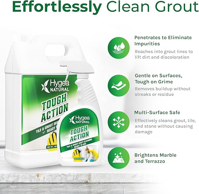 Hygea Natural Tough Action Tile & Grout Cleaner Duo - Deep Cleans Dirt & Scum & Enhances Stone Color - Acid-Free & Residue-Free Biodegradable Formula (24 oz Spray & Ready to Use Gallon Refill)