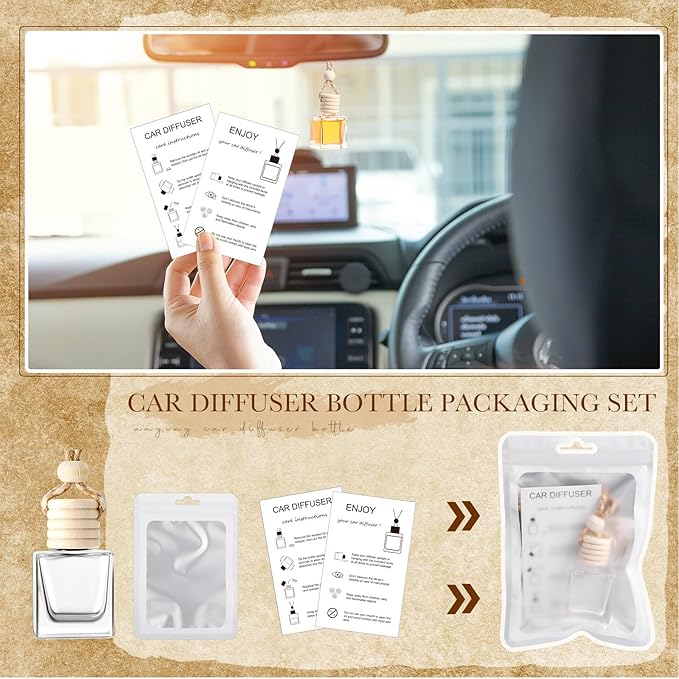 Boao 150 Sets Hanging Car Air Freshener Diffuser Bottles with Instruction Card and 4 x 6'' Resealable Holographic Bag for Empty Car Essential Oil Perfume Bottles Packaging (Cube)