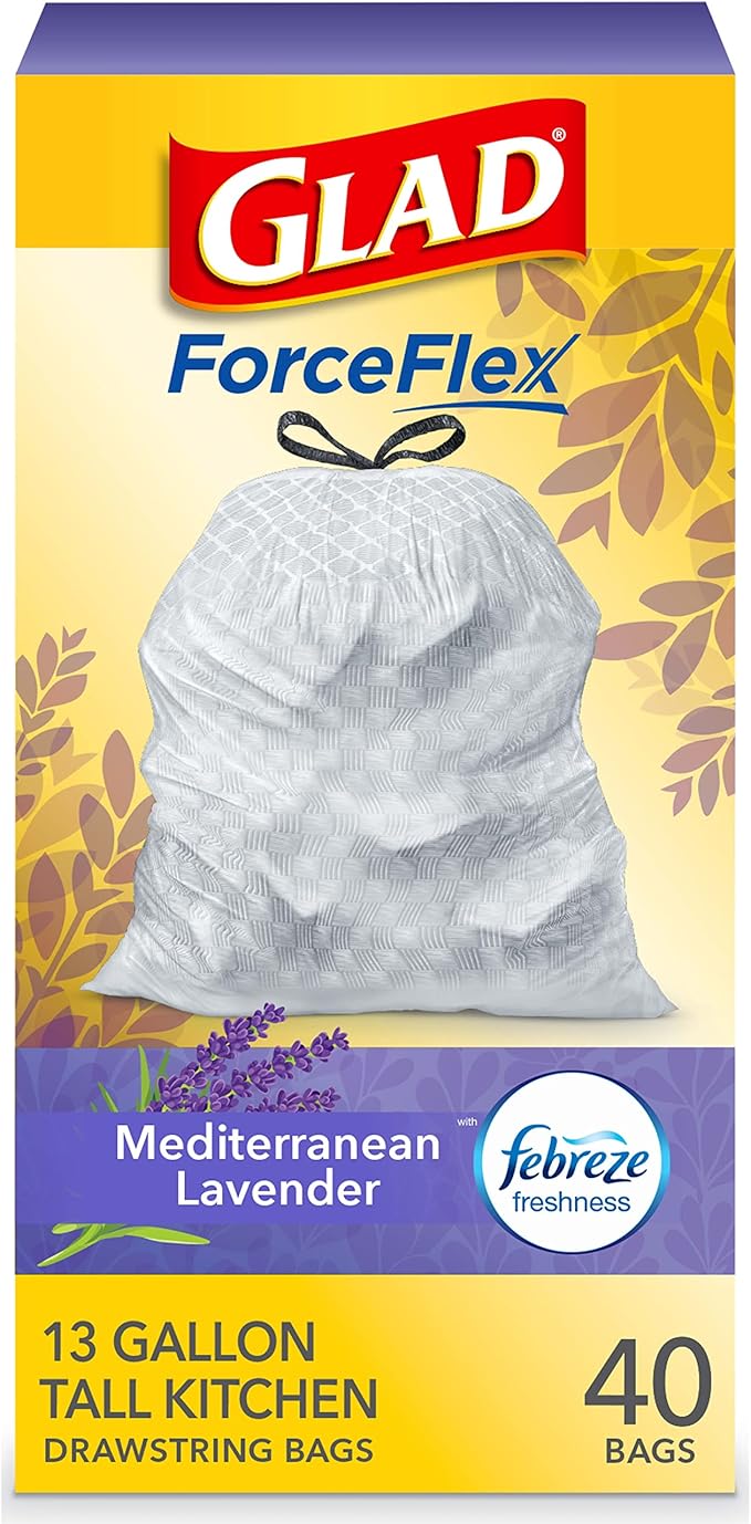 Glad Trash Bags, ForceFlex Tall Drawstring Garbage Bags, 13 Gallon White Trash Bags for Tall Kitchen Trash Can, Mediterranean Lavender with Febreze Freshness to Eliminate Odors, 40 Count (Pack of 2)
