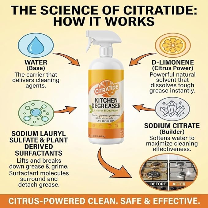 Kitchen Degreaser Spray – Heavy Duty Plant-Based Citrus Cleaner for Countertops, Stovetops & Appliances – Non-Toxic, USA Made Value Pack (2 Bottles) + FREE Odor-Resistant Scrub Towel