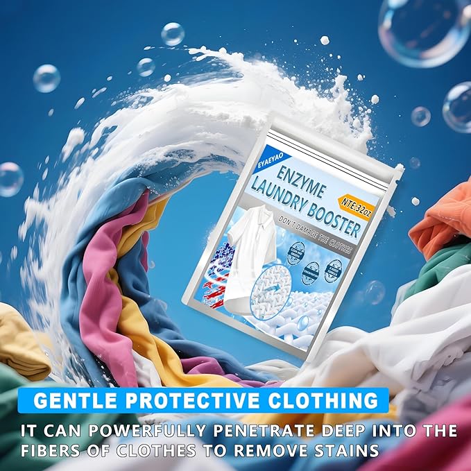 Enzyme Laundry Booster Odor Remover - 2 lbs Enzymatic Clothes Stain Cleaner Powder, Natural Deodorizer with Bio Active Enzymes, Detergent Additive Eliminator for Sweat, Oil, Blood - 68 Loads (32 oz)