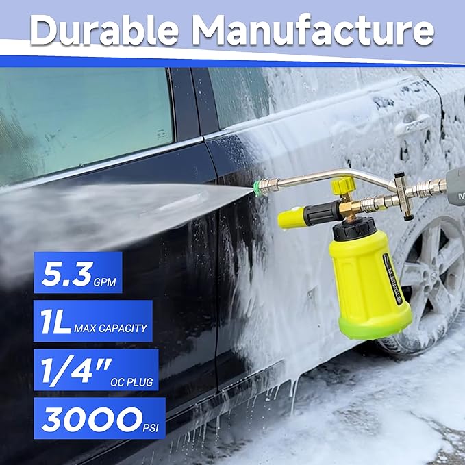 M MINGLE Foam Cannon for Pressure Washer with Dual Connector Accessory, Power Washer Soap Cannon with Double Tip Attachment, 5 Pressure Washer Sprayer Nozzles, 1/4" Quick Connect