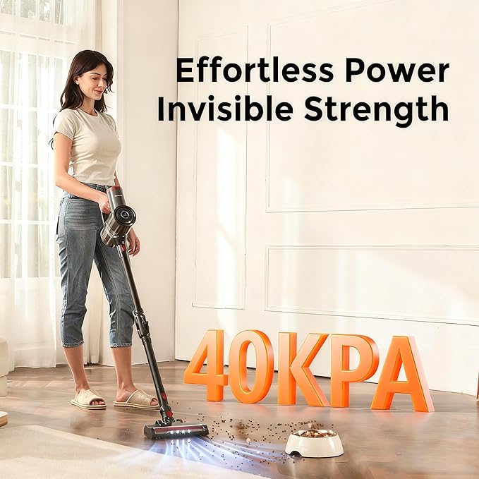 Cordless Vacuum Cleaner for Home,Cleans Under Furniture Without Bending,40Kpa 45Mins,Self-Standing,Powerful Stick Vacuum Cordless for Pet Hair,Hard Floors,Carpets,Car