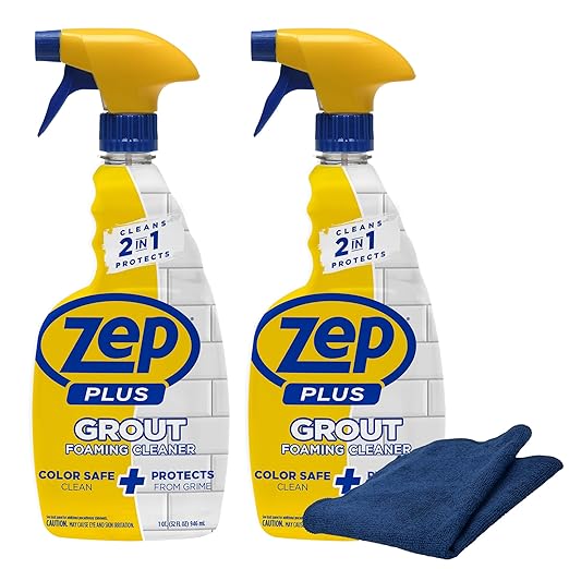 Zep Plus Foaming Grout Cleaner 32 oz – (2 Units) and a Blue Microfiber Rag ECBD023 - Color-Safe Tile and Grout Cleaners for Ceramic, Porcelain and Stone