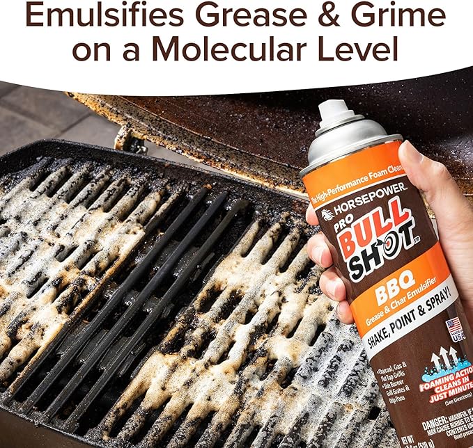 Horsepower Bull Shot BBQ MAX Pro Super-Concentrated Foaming Grill Cleaner, AS SEEN ON TV, Made in USA, Shake, Point & Spray, Emulsifies Grease & Char on Grills, Stove Burners, Drip Pans & More