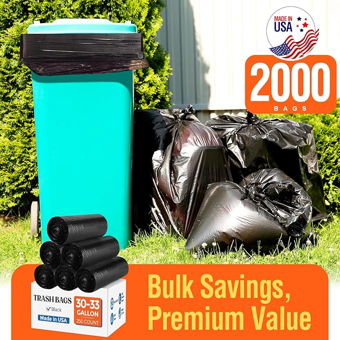 Delxo 30-33 Gallon Trash Bags, 2000 Count – 0.6 Mil Medium Duty Garbage Bags, Durable Plastic Bolsas para basura, Perforated Design– Made in USA for Kitchen, Yard, Office (Black)