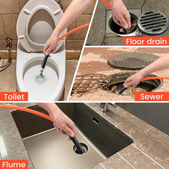 200FT Pressure Washer Sewer Jetter Kit, 5800 PSI Water Jet Drain Cleaner Hose with Corner Rotating Button Nose Nozzle, 1/4 Inch NPT, Sewer Jetter Nozzles Kit with Spanner Handle Strap