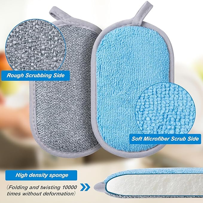 Dual-Sided Multi-Purpose Scrub Sponges, Non-Scratch Dishwashing Sponges for Kitchen, Reusable Microfiber Sponge for Efficiently Cleaning Dishes, High Density Sponge Inside (6 Pack, Large) Gray-Blue